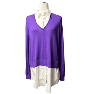 Lauren Ralph Lauren Women XL Purple V Neck Sweater Layered Look Cotton Modal NWT